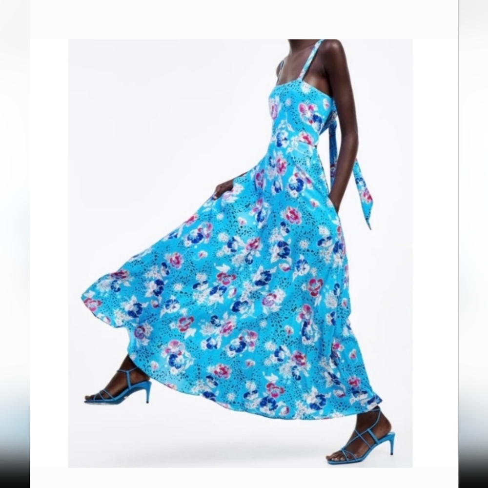 Zara Floral Printed Open Tie Back Cut Out Long Sundress Blue Size XS